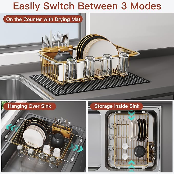 JASIWAY Gold Dish Drying Rack in Sink with Mat, Expandable Stainless Steel Dish Drainers for Kitchen Counter, Space Saving Dish Dryer for Inside Sink, Over Sink Dish Racks with Utensil Holder