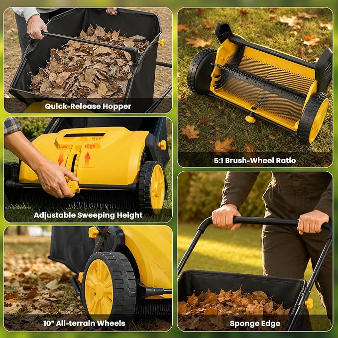 22-Inch Push Lawn Sweeper, Leaf & Grass Collector for Clippings, Wet Leaves & Twigs with 3.5 Ft³ Hopper Bag, 10-Inch All-Terrain Wheels, Adjustable Sweeping Height, Leaf Sweeper for Lawn, Yard, Garden