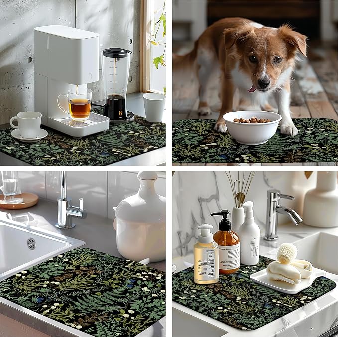 Black Sage Green Plant Dish Drying Mat for Kitchen Counter Vintage Botanic Fern Leaves Floral Dish Drainer Mats Absorbent Microfiber Dishes Pad Reusable Washable Large Dish Draining Mat 18x24 Inch