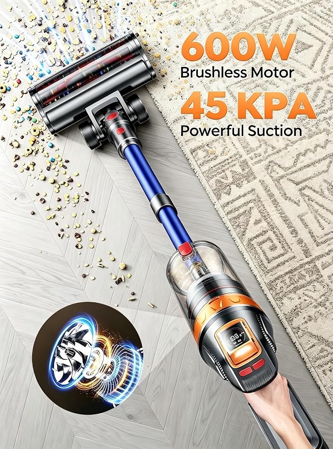 SMOTURE Cordless Vacuum Cleaner, 600W 45KPA 60Min Stick Vacuum Cleaners, Rechargeable Vacuum Cordless with Extra Mattress Cleaning Tool, Self-Standing, Wall Mount Charging, for Pet Hair Floor Carpet