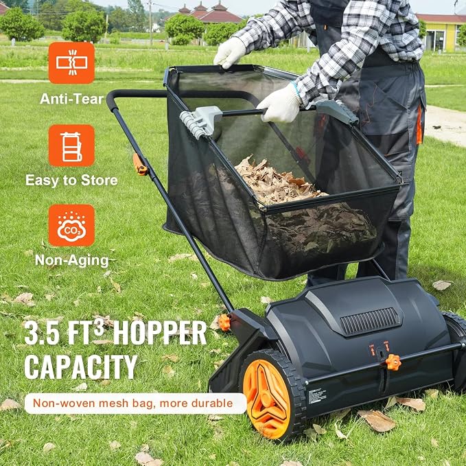 21 Inch Push Lawn Sweeper, Hand Powered Leaf & Grass Sweeper with 7 Cu Ft Hopper, 4 High-Speed Brushes, Height Adjustable, ABS & Steel Frame for Yard Lawn Cleanup (Black 2, 21 Inch)