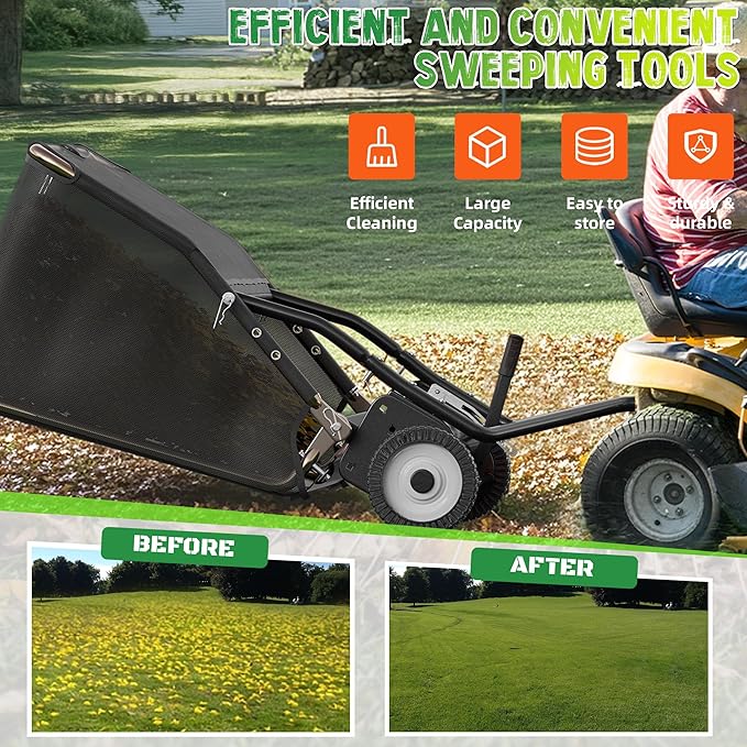 48" Lawn Sweeper Tow Behind, Pull Behind Lawn Sweeper with 25.16 cu. ft Large Hopper, Heavy Duty Leaf & Grass Collector, Adjustable Brush Height Lever and Dumping Rope, Lawn and Yard Cleanup Tool