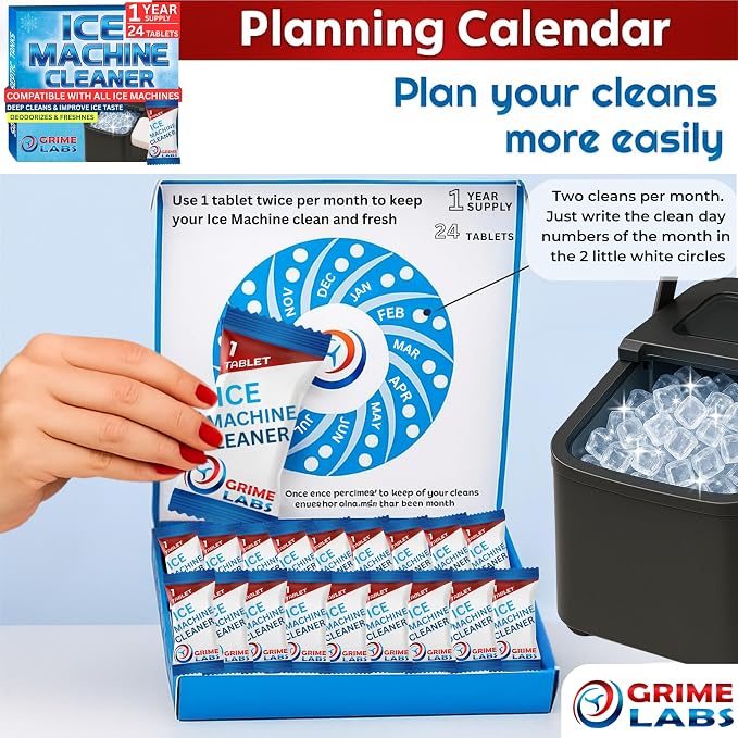 Ice Machine Cleaner Tablets Descaler – 24 Pack (1 Year Supply) – Nickel-Safe, Removes Mold & Improves Taste – Compatible with Countertop & Nugget Ice Makers