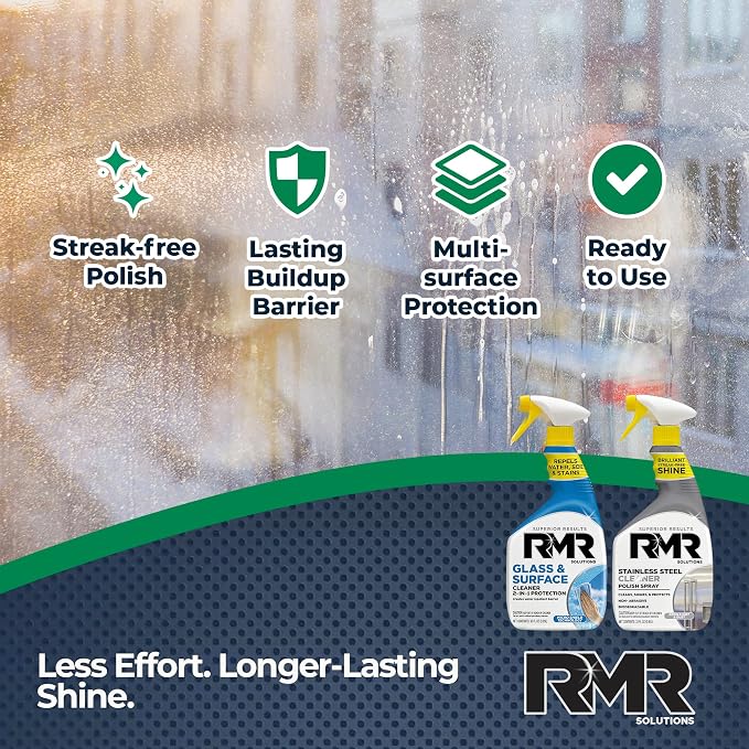 RMR Gleam Team Bundle – Glass & Surface Cleaner + Repellent and Stainless Steel Cleaner Polish, 2-Step Cleaning System for Windows, Shower Doors, Appliances, Faucets & Mirrors, 2–32 Oz Bottles