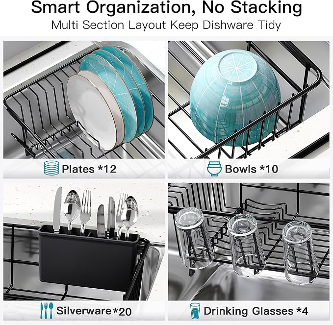 JASIWAY Black Dish Drying Rack in Sink, Expandable Stainless Steel Dish Drainers for Kitchen Counter, Dish Dryer Rack for Inside Sink, Over The Sink Dish Racks with Utensil Holder