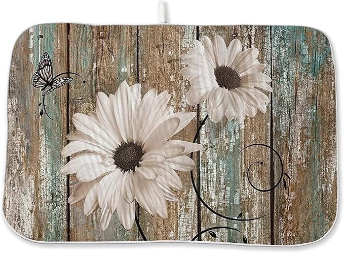 Rustic Daisy Dish Drying Mats 18x24 Inch Vintage Sunflowers on Wooden Board Drying Mats Seasonal Outdoor Farmhouse Decor Coffee Bar Mat Fast Drying for Kitchen Dining Room Decorative