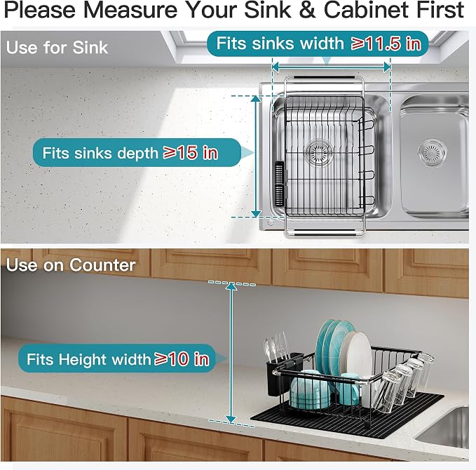 JASIWAY Black Dish Drying Rack in Sink with Mat, Expandable Stainless Steel Dish Drainers for Kitchen Counter, Space Saving Dish Dryer for Inside Sink, Over Sink Dish Racks with Utensil Holder