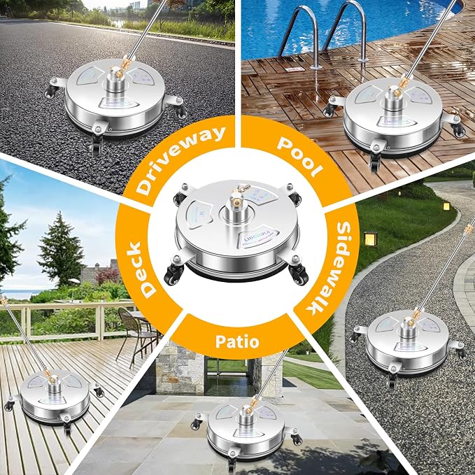 LidoDola 14'' Pressure Washer Surface Cleaner, Power Washer Accessory | Stainless Steel Housing with 4 Wheels, 1/4" QC, 2 Extension Wands & 2 Replacement Nozzles, for Gas & Electric Pressure Washer