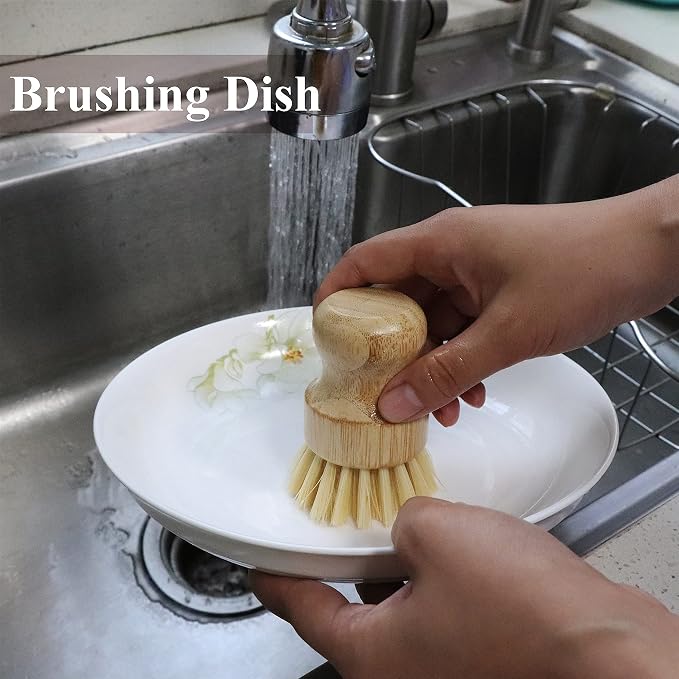 Bamboo Dish Scrub Brush, Kitchen Dish Scrubber Brush Set for Cleaning Dishes,Sink, Cast Iron Pan/Pot