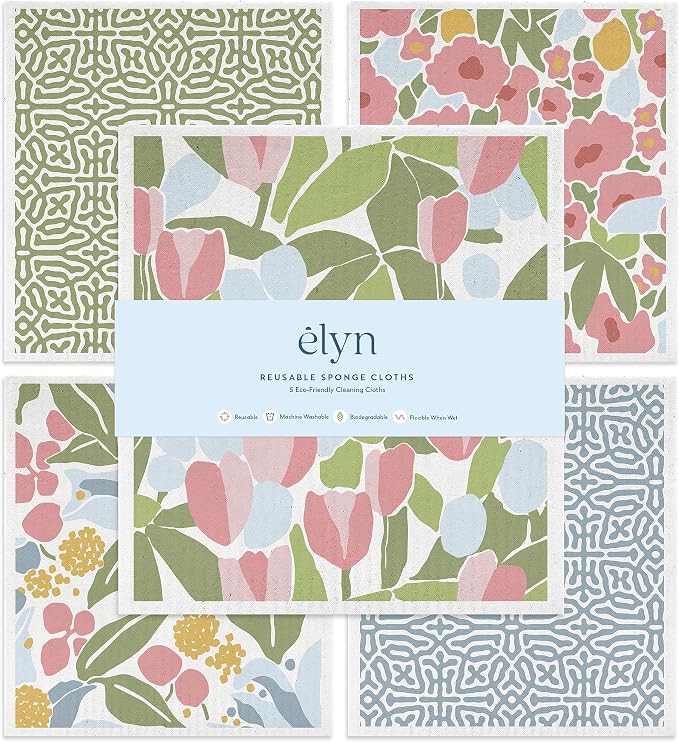 ELYN Swedish Dishcloths, Reusable & Washable Sponge Cloths, Absorbent Cleaning Paper Towels for Kitchen, Dishes, Counters and More, 5 Pack, Assorted Geo & Floral Pattern