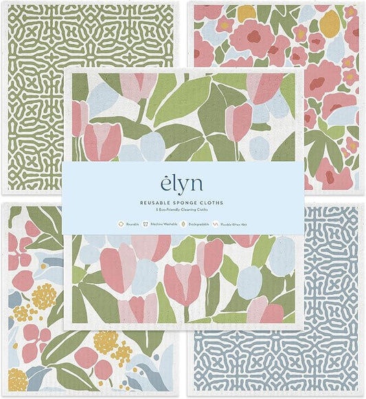ELYN Swedish Dishcloths, Reusable & Washable Sponge Cloths, Absorbent Cleaning Paper Towels for Kitchen, Dishes, Counters and More, 5 Pack, Assorted Geo & Floral Pattern