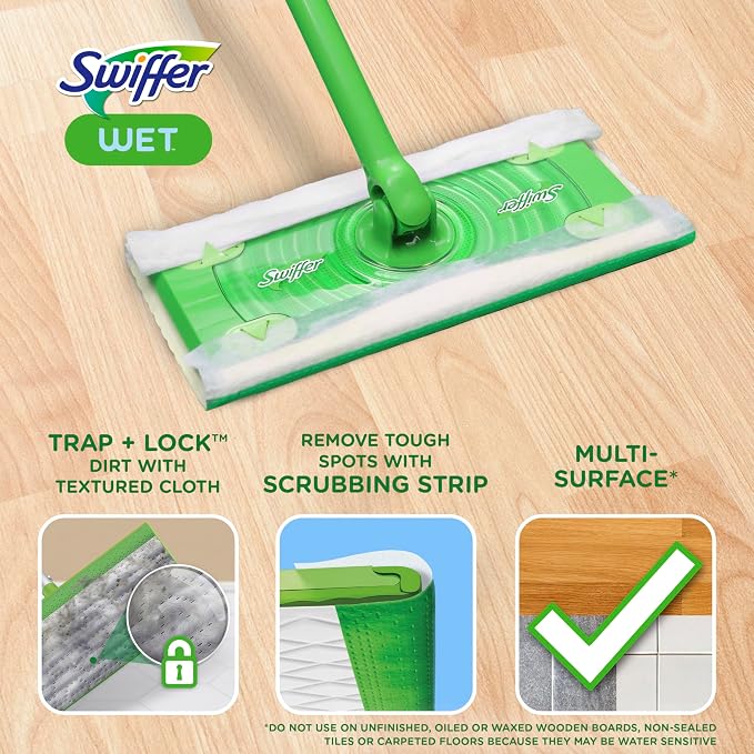 Swiffer Sweep + Mop, Wet Pads Refill, Microfiber Floor Cleaner for Dirt, Dust, Hair, Cleaning Cloths for Mopping Home, Bathroom, Kitchen, All Purpose Multi-Surface Floor Wipes, Fresh, 24ct
