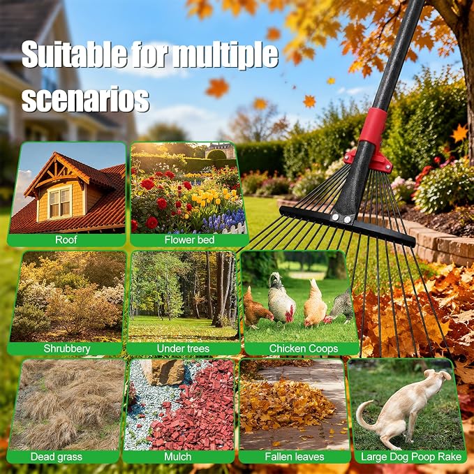 76Inch Adjustable Metal Leaf Rake, 18 Metal Tines Heavy Duty Leaves Rake for Lawns with 8-18" Expandable Head Long Handle Garden Rakes for Women Kids Leaves Yard Gardening Grass Outdoor Camping Debris
