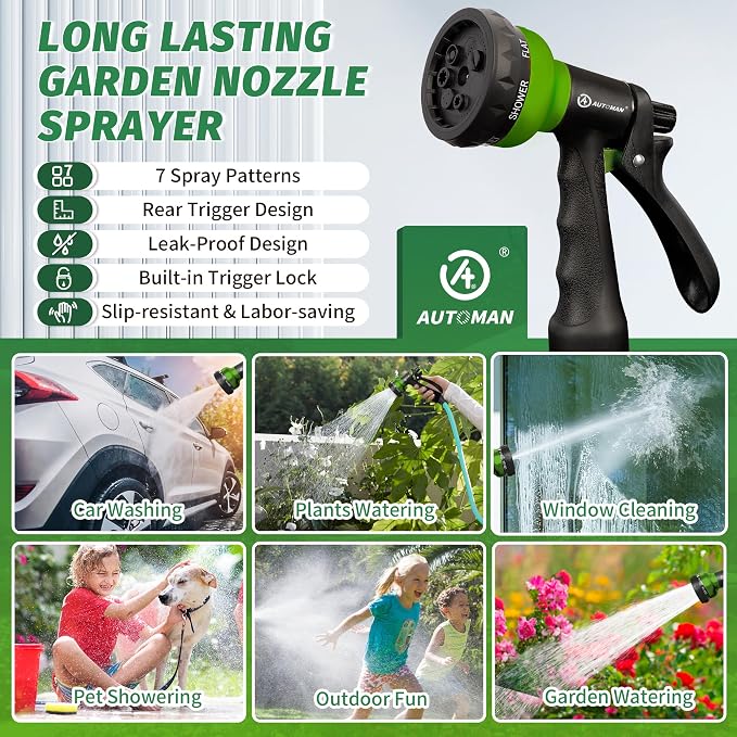 AUTOMAN-Garden-Hose-Nozzle, 2 Pack ABS Water Spray Nozzle with Heavy Duty 7 Adjustable Watering Patterns,Slip Resistant for Watering Plants,Lawn& Garden,Washing Cars,Cleaning,Showering Pets - Green