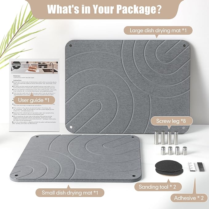 CZWL&HG 2 PCs Stone Dish Drying Mats for Kitchen Counter-Diatomaceous Dish Drying Mats Superb Absorbent with Non-Slip Stainless Steel Feet,Heat Resistant,15.7"(L)×11.8"(W)