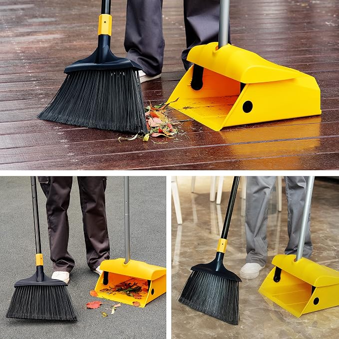 Yocada Commercial Broom and Dustpan Set with Windproof Cover 2 Plus 1 | Commercial Outdoor Indoor for Courtyard Garage Lobby Mall Market Floor Home Kitchen Room Office Pet Hair Rubbish