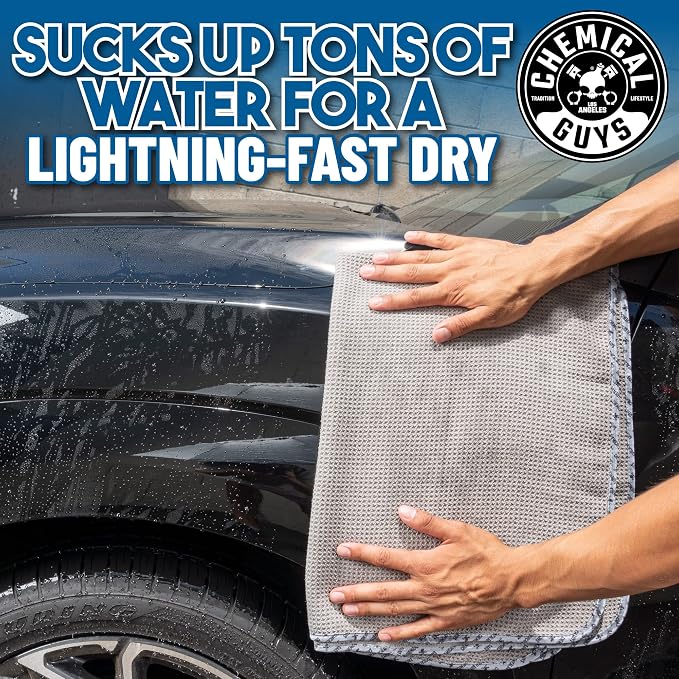 Chemical Guys, Waffle Weave Gray Matter Microfiber Drying Towel, 25 x 36 in | Waffle-weave towel with soft-banded edges soaks up sheeting water for a fast, scratch-free dry on paint and glass.