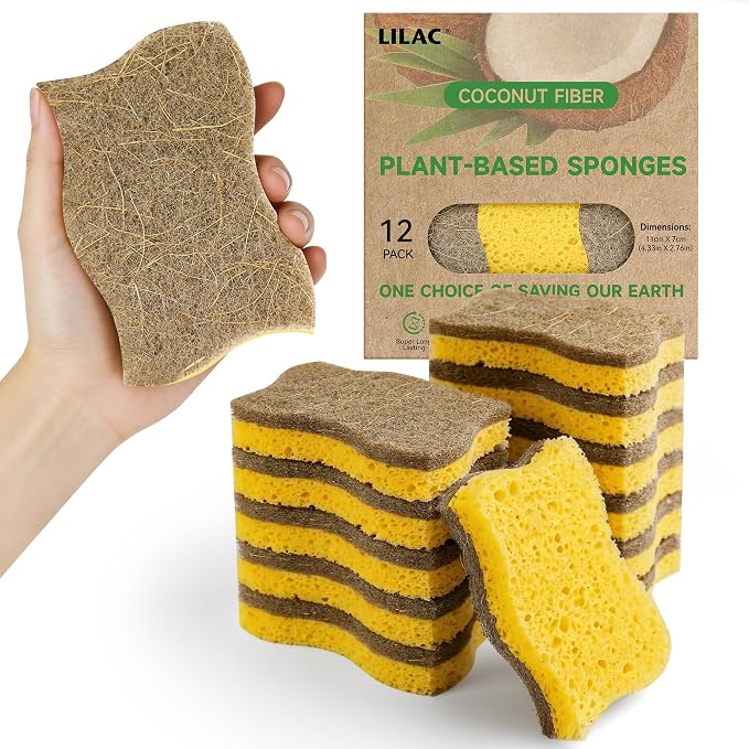 LILAC 12 Pack Natural Cellulose Sponges for Dishes - Non-Scratch Kitchen Scrub Sponges - 100% Biodegradable & Eco-Friendly Cleaning Sponges for Non-Stick Cookware, Bathroom & Household（Yellow）