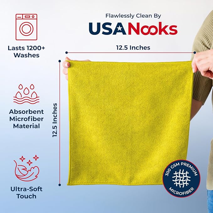 USANOOKS Microfiber Cleaning Cloth Yellow - 8 Pcs 12.5"x12.5" - High Performance - 1200 Washes, Ultra Absorbent Towels Weave Grime & Liquid for Streak-Free Mirror Shine - Car Washing Cloth