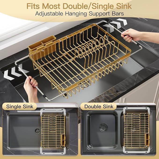 JASIWAY Expandable Stainless Steel Gold Dish Drying Rack Over The Sink for Small Kitchen, Counter Space Saving Compact Plate Drainer Strainer, Adjustable Hanging Metal Dish Dryer with Utensil Holder