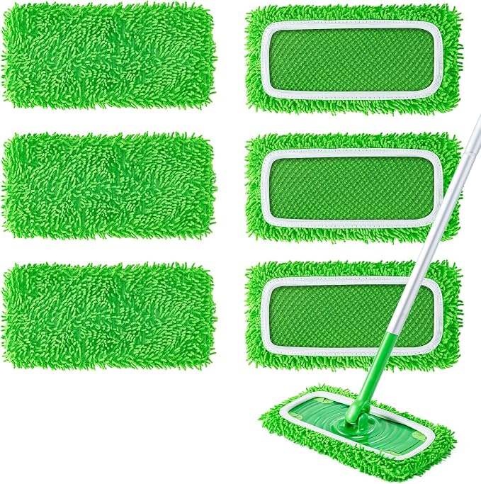 6Pcs Reusable Microfiber Mop Pads Refill Compatible with Swiffer Sweeper | Washable Mopping Pads Replacement, Dry & Wet Microfiber Cleaning Cloth for Multi-Surface/Hardwood/Stone Floor Cleaning-Green