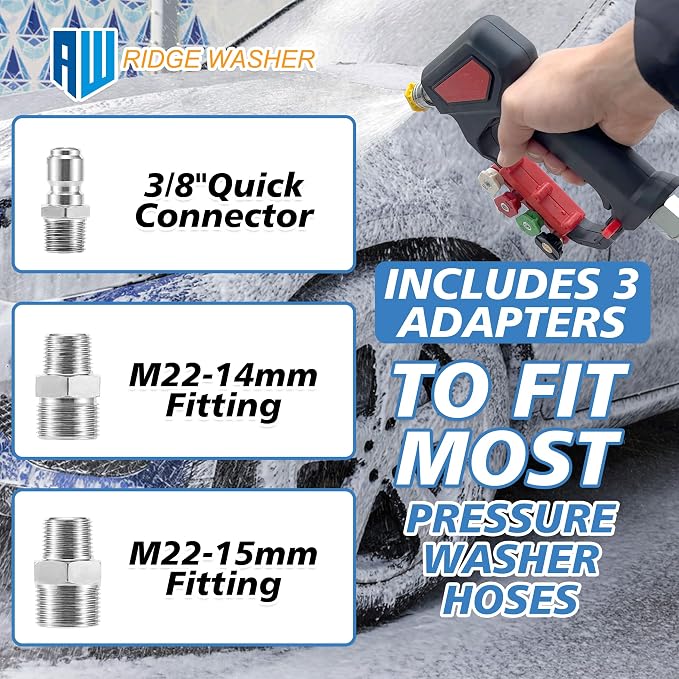 RIDGE WASHER Pressure Washer Gun 5000 PSI with Nozzle Bracket | 12 GPM, Tigger Gun with 1/4" Quick Connector, 360° Swivel 3/8" NPT Thread, M22-14mm & M22-15mm Fitting