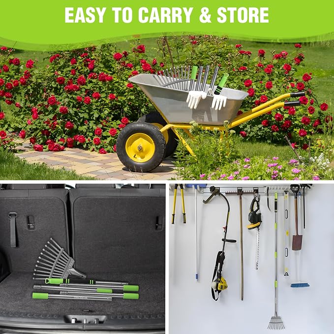 WORKPRO Rake, Small Rake for Leaves with 72” Adjustable Long Handle | 11 Steel Tines, Heavy Duty Metal Leaf Rakes for Garden, Lawn, Yard, Flower Bed, Narrow Rakes 9" Wide Head for Tight Spaces