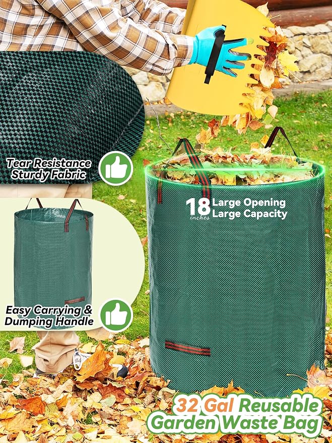 Garden Rake for Leaves Lawns, 3-in-1 Gardening Tools Set with 5 ft Metal Rake, Leaf Scoops Hand Claws, 32 Gallon Reusable Yard Waste Bag, Heavy Duty 25-Tine Rakes for Quick Pick Up, Clear n Collect