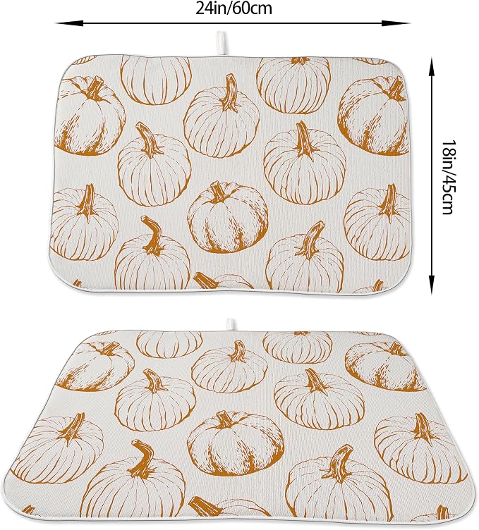 Fall Dish Drying Mat 18x24 Inches For Kitchen Counter,Orange Burnt Pumpkin Kitchen Decor Drying Mat Decorative Autumn Thanksgiving Drying Pad for Home Kitchen,Dining Room,Office Decoration