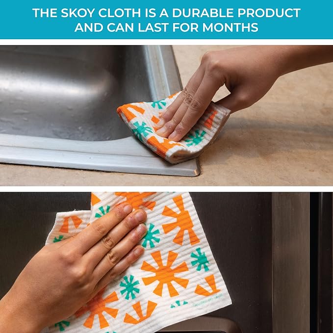 Skoy Cloth 2-Pack Eco-Friendly & Reusable Swedish Dishcloth, for Kitchen & Household Use, Plastic-Free Packaging, Dishwasher Safe, Designer Series – Connections/Sunburst, White Skoy Cloth