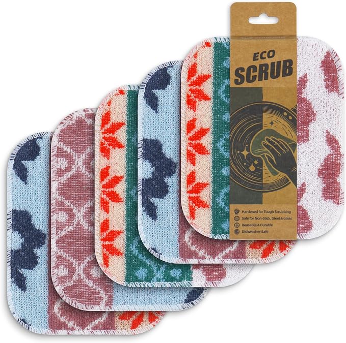 Amarelle GEN II Dish Washing Scrubbers (5-Pack), Made in Green Kitchen Scrubbers for Dishes, Non Scratch Pot & Pan Scrubber, Dual-Sided Heavy-Duty Scouring Pads, Reusable (Nordic Folk)