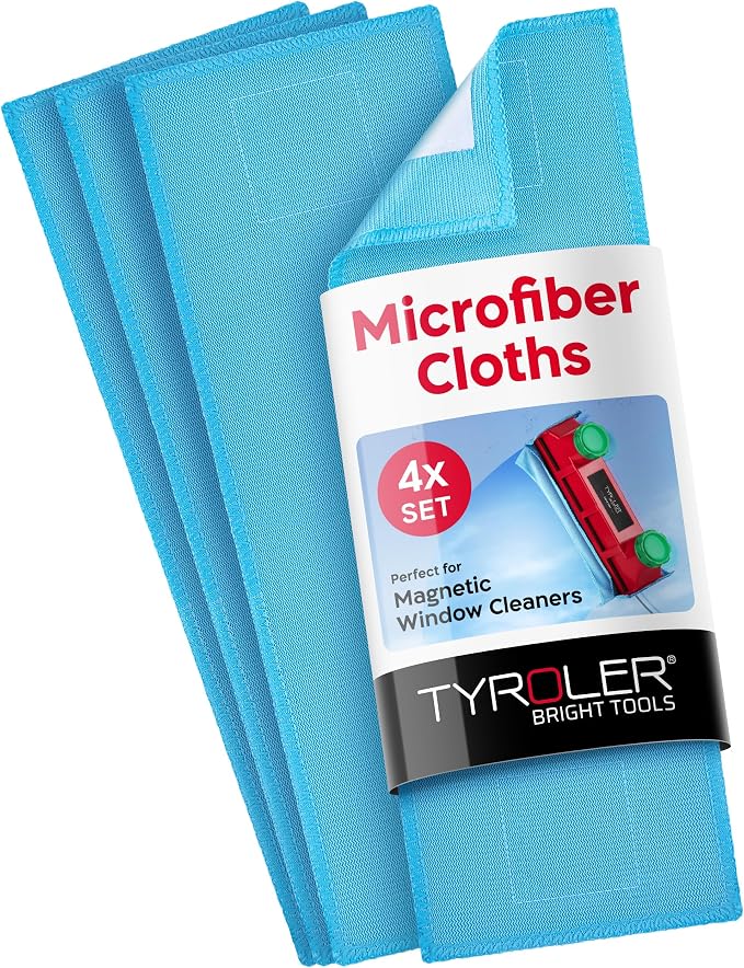 Tyroler Pack of 4 Microfiber Cloths for Glider Magnetic Window Cleaner | Blue Ultra-Soft, Non-Abrasive And Highly Absorbent Cleaning Cloths