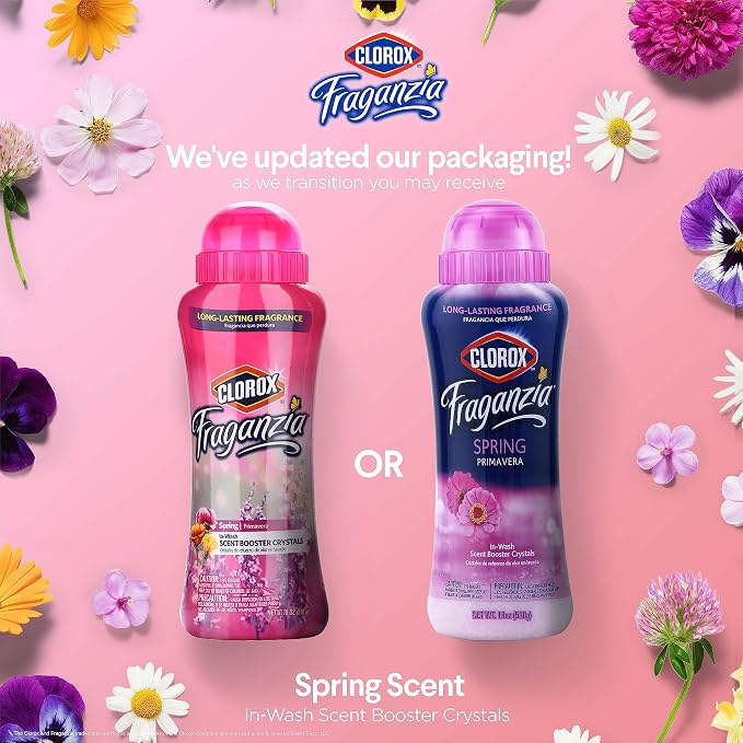 Clorox Fraganzia Laundry Scent Booster Crystals In-Wash Fragrance Beads Fresh-Smelling Clothes and Linens Safe All Fabrics and Colors Easy-Pour Bottle Spring Scent 18 OZ 2 Pack Twin Pack Value