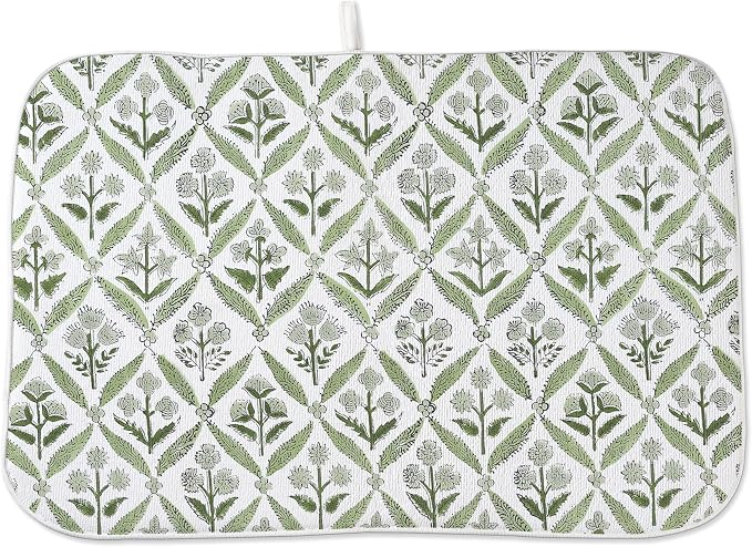 Boho Dish Drying Mat 18x24 Inches For Kitchen Counter Block Print Green Floral Kitchen Decoration Drying Mat Modern Decorative Flower Drying Pad Mat for Home Kitchen Decor,Dining Room,Office