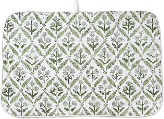 Boho Dish Drying Mat 18x24 Inches For Kitchen Counter Block Print Green Floral Kitchen Decoration Drying Mat Modern Decorative Flower Drying Pad Mat for Home Kitchen Decor,Dining Room,Office