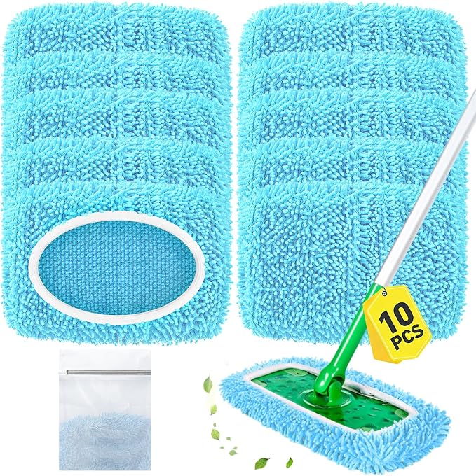 Reusable Microfiber Mop Pads Compatible with Swiffer Sweeper Mop, Washable Wet Pads Refill & Chenille Dry Sweeping Cloths for Use on All Sealed Floors - Wood, Laminate, Stone & Tile (10 Coral Blue)