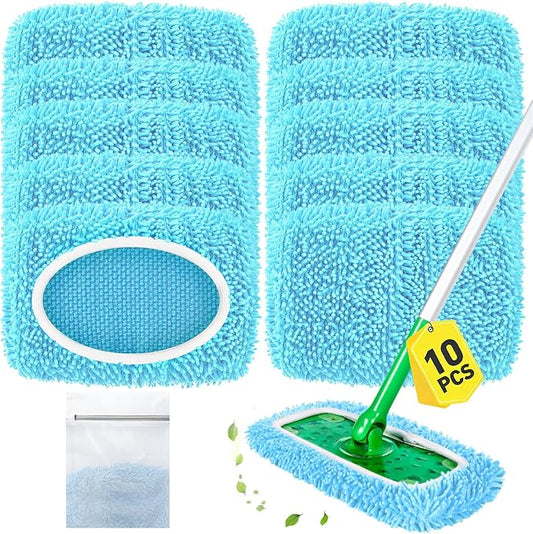Reusable Microfiber Mop Pads Compatible with Swiffer Sweeper Mop, Washable Wet Pads Refill & Chenille Dry Sweeping Cloths for Use on All Sealed Floors - Wood, Laminate, Stone & Tile (10 Coral Blue)