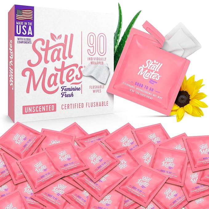 Stall Mates Wipes Feminine Fresh - Flushable | Individually Wrapped Cleansing Travel Friendly PH balanced Unscented with Sunflower, Rosemary and Aloe (90 on-the-go singles) BULK PACK