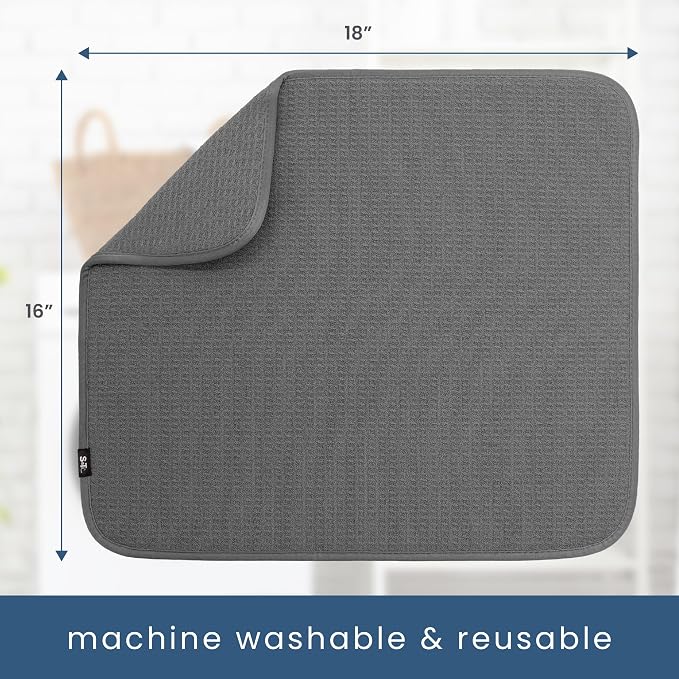 S&T INC. Dish Drying Mat, 2 Pack, 16" x 18", Large, Charcoal Grey | Absorbent Microfiber, 2PK Kitchen Counter Mat for Dishes, Utensils, Pots and Pans, Machine Washable