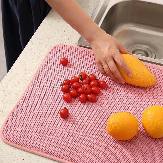 2 Pack Microfiber Dish Drying Mat for Kitchen Counter,Ultra Absorbent Dish Drainer Mat ,Dish Drying Pad , Dish Rack Mat 20×15 Inch (Pink)