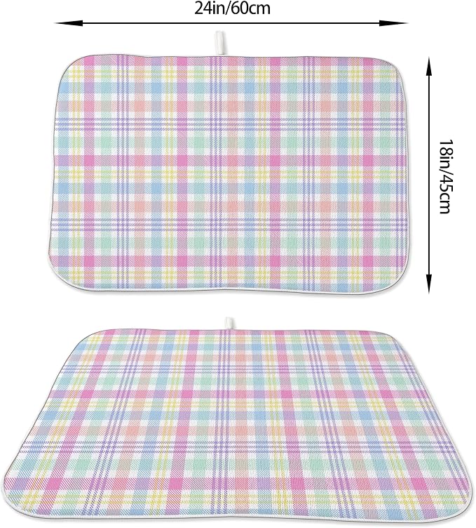 Spring Dish Drying Mat 18x24 Inches For Kitchen Counter Absorbent Easter Colorful Plaid Kitchen Decoration Pink Green Drying Mat Pad For Home Kitchen,Dining Room,Office Decor