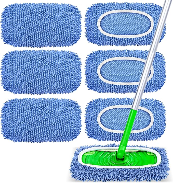 6 Pack Reusable Mop Pads Compatible with Swiffer Sweeper, Chenille Mop Refill Pads, Dry & Wet Mopping Cloths for Floor Cleaning -Blue