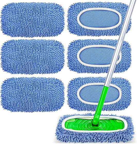 6 Pack Reusable Mop Pads Compatible with Swiffer Sweeper, Chenille Mop Refill Pads, Dry & Wet Mopping Cloths for Floor Cleaning -Blue