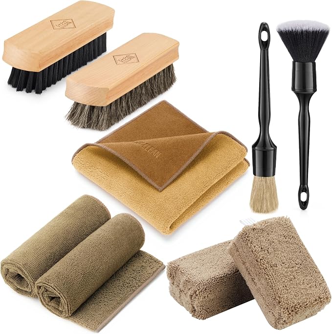 Fantasticlean Car Interior Detailing Kit, Leather Cleaner Brush Set, 9PCS | Car Interior Brush Kit, Horse Hair Leather Brush for Car Detailing, Scratch-Free Leather Cleaner Applicator, Cleaning Cloth