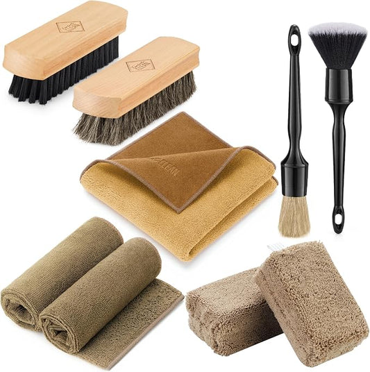 Fantasticlean Car Interior Detailing Kit, Leather Cleaner Brush Set, 9PCS | Car Interior Brush Kit, Horse Hair Leather Brush for Car Detailing, Scratch-Free Leather Cleaner Applicator, Cleaning Cloth