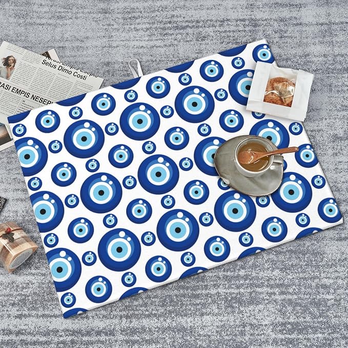Blue Evil Eyes Microfiber Dish Drying Mat for Kitchen Counter 18"x24" Funny Dishes Pad Dish Drainer Rack Mats Absorbent Washable Reusable