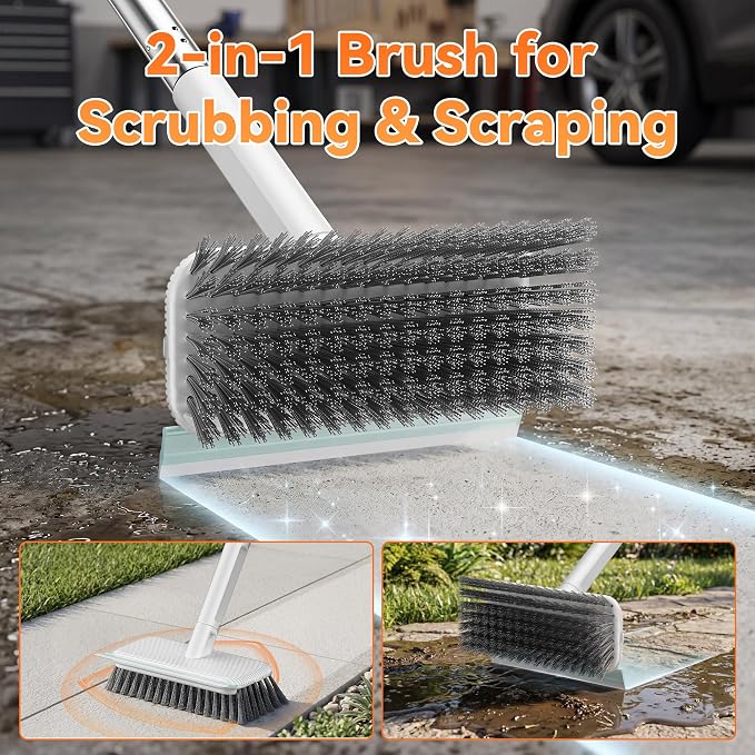 Leemone Floor Scrubber, Stainless Steel Wire Scrub Brush with Long Handle | Sturdy, with Squeegee, Deep Cleaning for Concrete, Patio, Driveway, Garage Floor, Pavers, Grout & Moss Removal