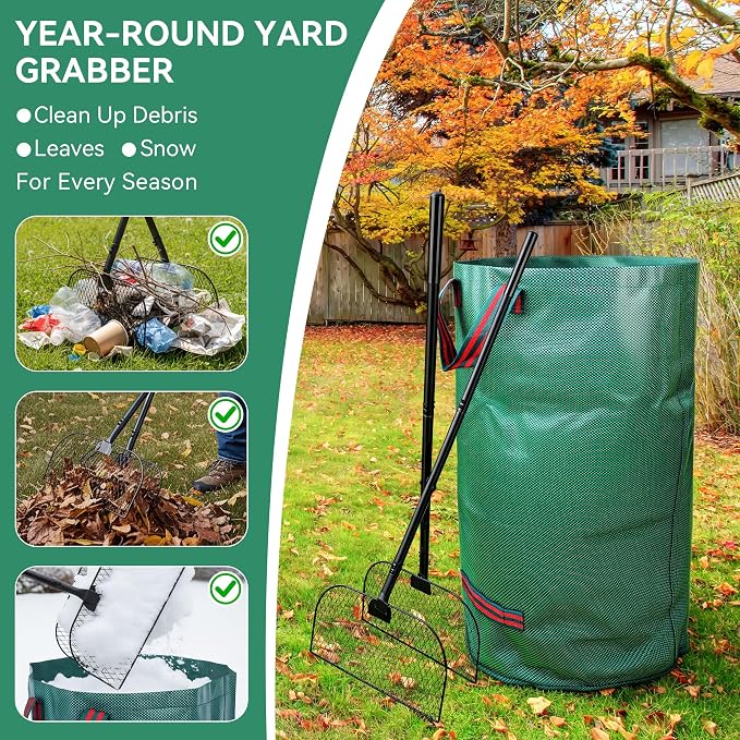 Leaf Grabber Rake with Long Handle Leaf Collector Grass Picker Upper with Yard Bags No Bend Leaves Pickup Tool and Hands Rake for Gardening-Efficient and Labor Saving