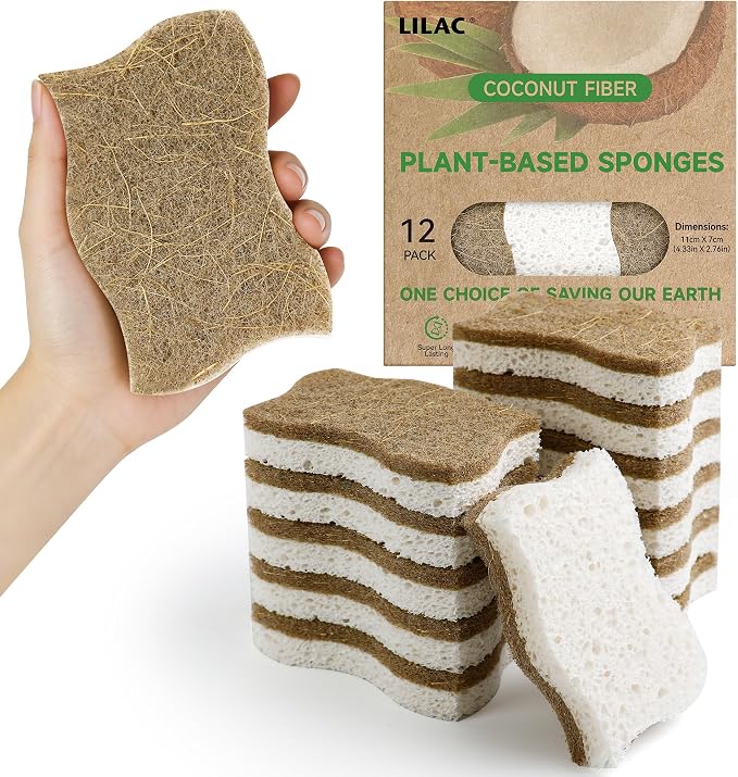 LILAC 12 Pack Natural Cellulose Sponges for Dishes - Non-Scratch Kitchen Scrub Sponges - 100% Biodegradable & Eco-Friendly Cleaning Sponges for Non-Stick Cookware, Bathroom & Household