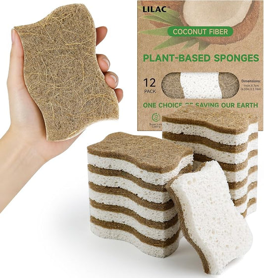 LILAC 12 Pack Natural Cellulose Sponges for Dishes - Non-Scratch Kitchen Scrub Sponges - 100% Biodegradable & Eco-Friendly Cleaning Sponges for Non-Stick Cookware, Bathroom & Household